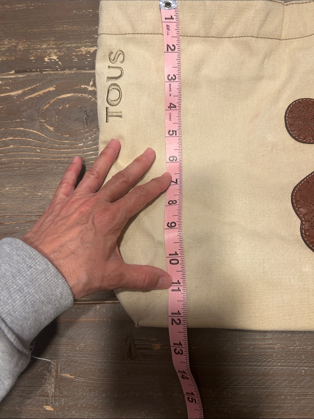 TOUS Cream Canvas Tote with Brown Leather Bear Appliqué - Picture 12 of 14